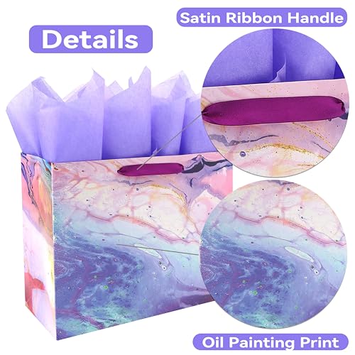 13" Large Purple and Red Gift Bag Set with Greeting Card and Tissue Paper(Marble Design) for Celebrating Birthdays, Mothe...