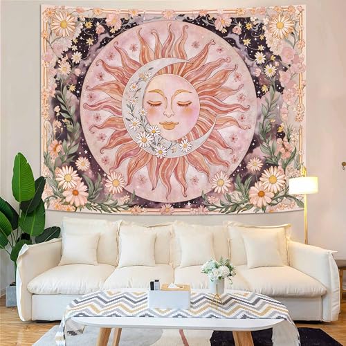 Neasow Sun Moon Daisy Tapestry, Boho Aesthetic Floral Wall Art, Pink Hippie Decor for Living Room Bedroom Home, 68x90 inches