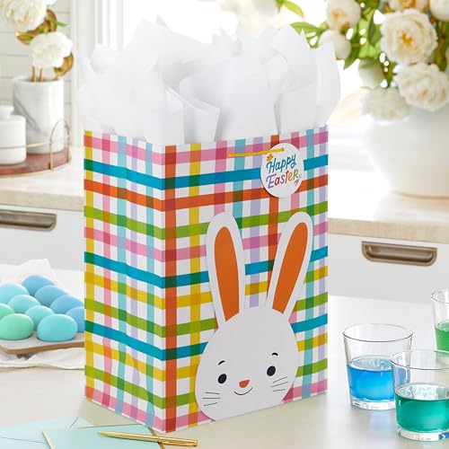 Hallmark 17" Extra Large Easter Gift Bag with Tissue Paper (Bunny Face, Rainbow Plaid) for Kids Presents, Easter Baskets