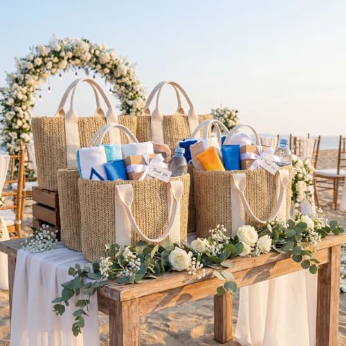 Paterr Mini Beach Straw Bags for Bachelorette Favors Burlap Tote Bag with Handle for Bridesmaid Bridal Shower Gifts