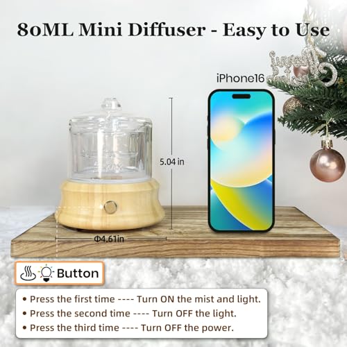Lecdura 80ML Glass Essential Oil Diffuser with Glass Reservoir & Wood Base, Small Ultrasonic Aroma Diffusers with Auto-Off...