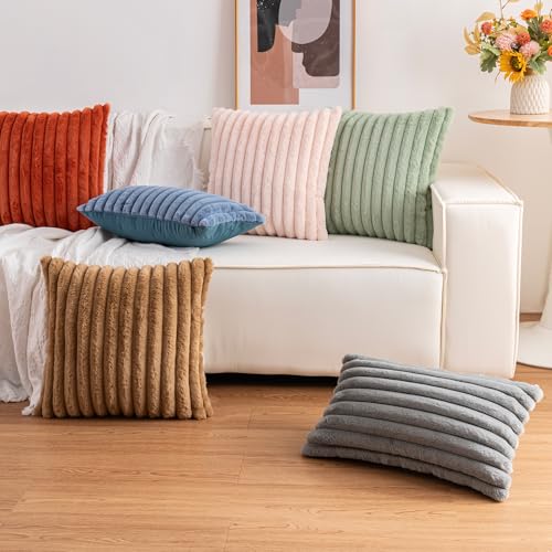 Aegero Pack of 2 Faux Fur Christmas Throw Pillow Covers 18x18 Inch, Soft Plush Striped Neutral Couch Pillow Cover, with Ve...