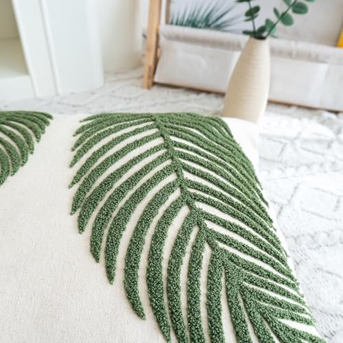 VANNCIO Linen Green Leaf Throw Pillow Cover, Square Pillowcase with Tufted Tropical Palm Leaves, Modern Decorative Cushion...