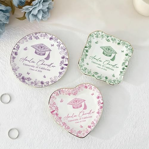 HHLYN14 Personalized Graduation Jewelry Dish 2026, Custom Name Ring Dish, Floral Trinket Plate, Class of 2026 Gift for Dau...