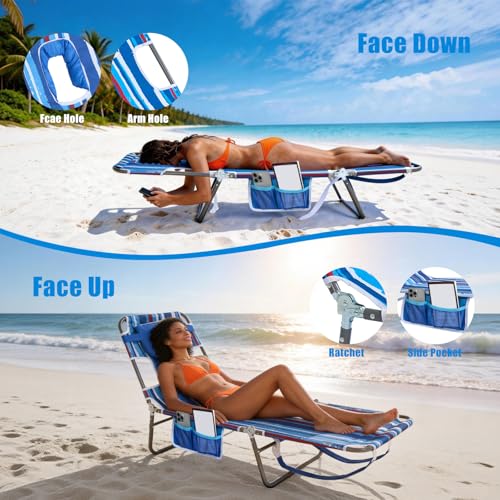 SUNNYFEEL Beach Lounge Chair, Backpack Reclining Beach Chairs Lay Flat, Sun Face Down Tanning Chair, Folding Camping Chair...