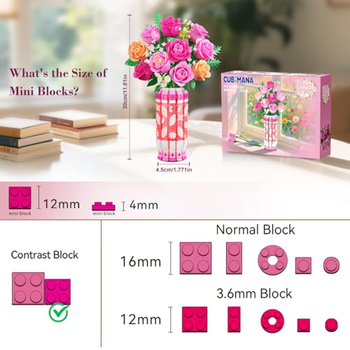 CUBIMANA Romantic Pink Roses Bouquet Building Set with Vase & LED Light- Gifts for Mothers Day - 3.6MM Mini Flowers Buildi...