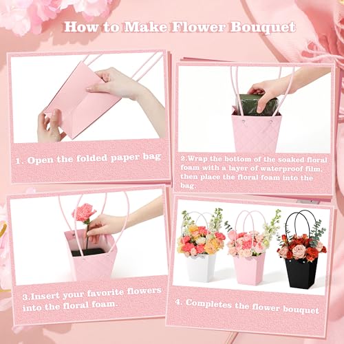 tchrules 30pcs Flower Box for Arrangement, Waterproof Bouquet Wrapping Bag With Handle Pink White Black Paper Floral Box f...