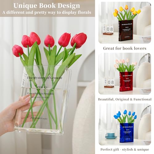 Puransen Clear Bookend Vase for Flowers - Aesthetic Room Decor for Modern Home/Office, Minimalist Shelf Organizer with Flo...