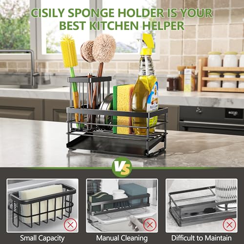 Cisily Sink Caddy Sponge Holder for Kitchen with Brush Holder and Stainless Steel Self Drain Tray, Rustproof Kitchen Sink ...
