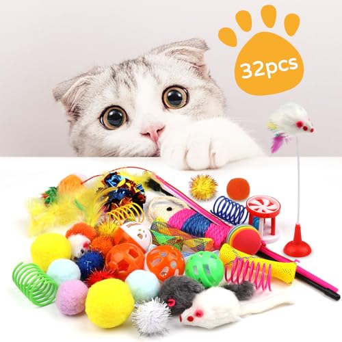 QUOZUO Cat Toys Kitten Toys Assortments, 32 Packs Interactive Cat Toy Variety Pack for Kitty, Cat Wand Toy, Cat Crinkle Ba...