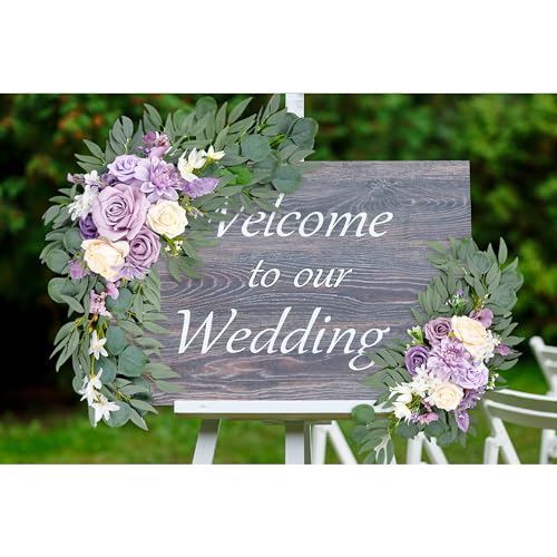 Roahosy Wedding Arch Flowers (Pack of 2), Purple Flower Swag Wedding Welcome Sign Floral Arrangements for Wedding Ceremony...