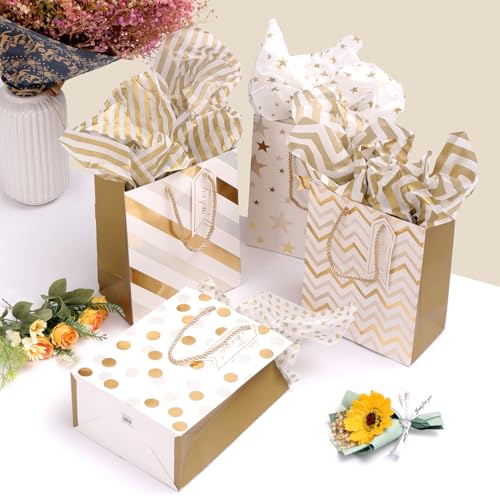 Dimetey 12pcs 9" Gift Bags, Medium Size Paper Bags with Tissue Paper, White Gold Wrap Paper Gift Bags with Handles for Sho...