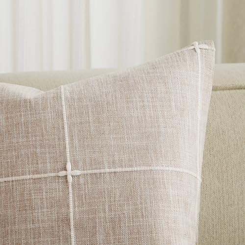 YZJZEDS 2 Packs Grid Embroidery Lumbar Throw Pillow Covers, 12x20 Inch Taupe, Farmhouse Linen Decorative Light Brown Cushi...