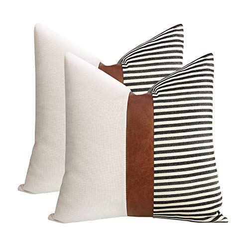 Set of 2 Farmhouse Decor Striped Patchwork Linen Throw Pillow Covers,Modern Brown Faux Leather Accent Pillow Covers 18x18 ...