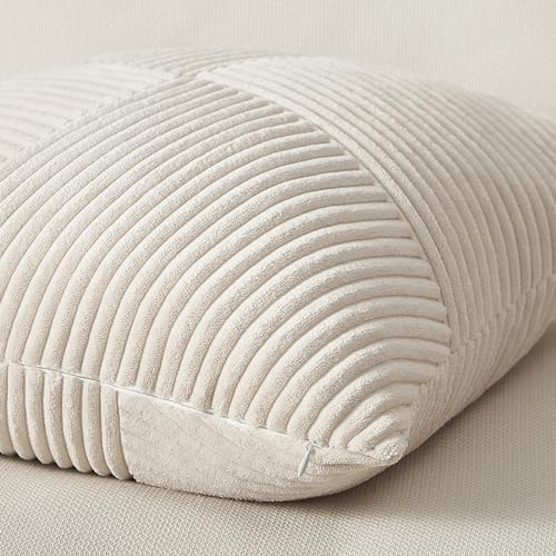 Topfinel Cream White Decorative Neutral Throw Pillow Covers 18x18 Inch for Couch Sofa Bed, Soft Corduroy Striped Patchwork...