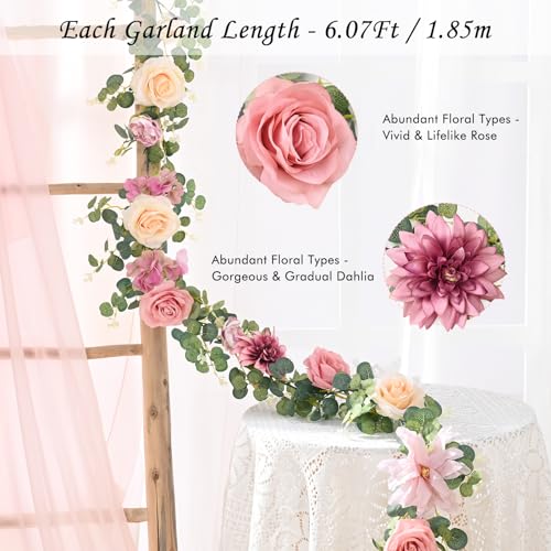 Waipfaru Flower Garland Decorations, 6.07Ft Pink Floral Rose Garland, Artificial Eucalyptus Greenery Vines with Flowers fo...