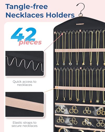 BAGSMART Hanging Jewelry Organizer with Hanger Metal Hooks Double-Sided Jewelry Holder for Organizing Earrings Necklaces R...