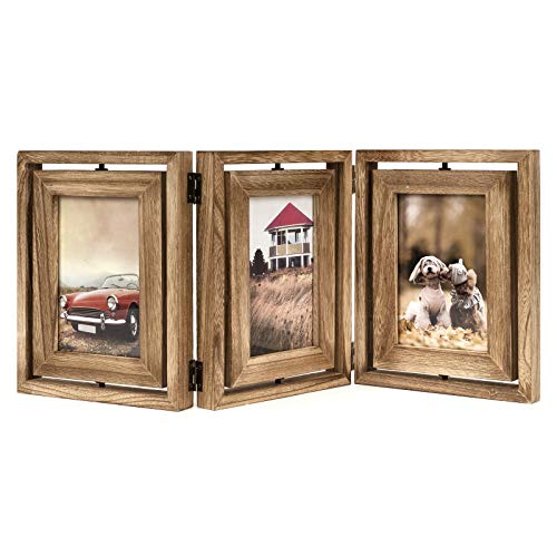Emfogo 4x6 Picture Frame Rustic Wood Hinged Folding Triple Picture Frames Collage, Double-Sided Display Rotatable High Def...