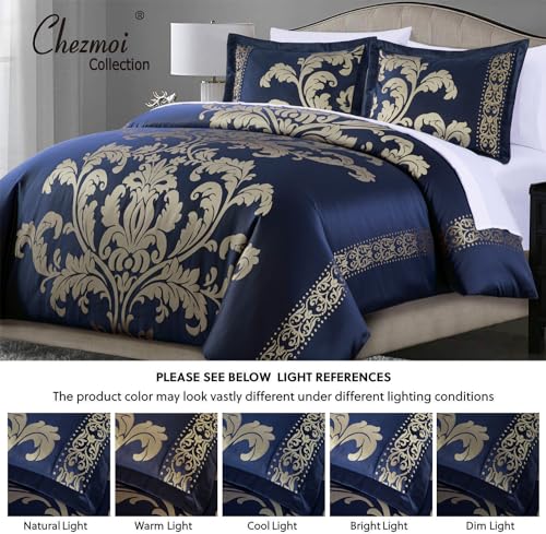 Chezmoi Collection Valor 7-Piece California King Bed in a Bag, Navy/Gold Luxury Jacquard Floral Comforter with Sheets Set ...