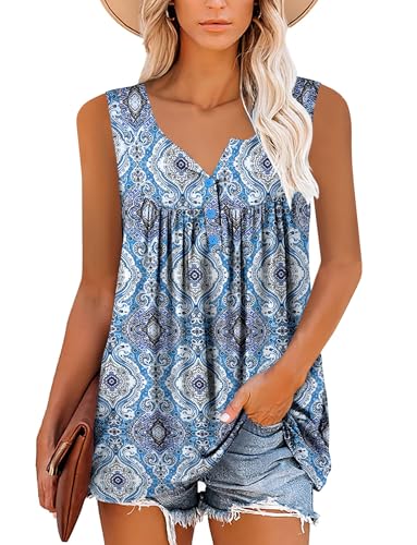 BETTE BOUTIK Womens Sleeveless Tunics Henley Shirts V-Neck Button Down Blouse Tank Tops Casual Pleated Basic S-3XL