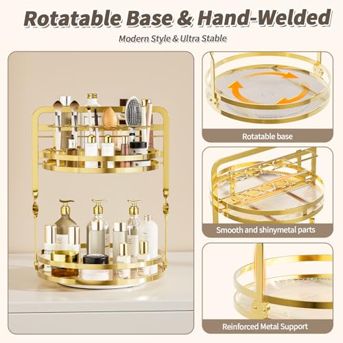 360° Rotating Makeup Organizer, 2-Tier Gold Perfume Organizer for Dresser, Bathroom Organizers Countertop, Perfume Shelf w...