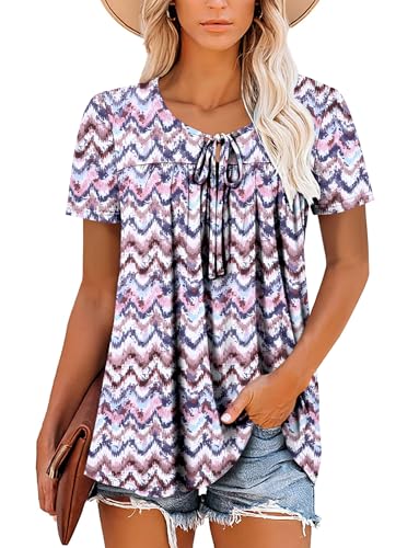 BETTE BOUTIK Womens Summer Tops Corded Short Sleeve Tunic Shirts Pleated Crewneck Corded Tops Blouses S-3XL