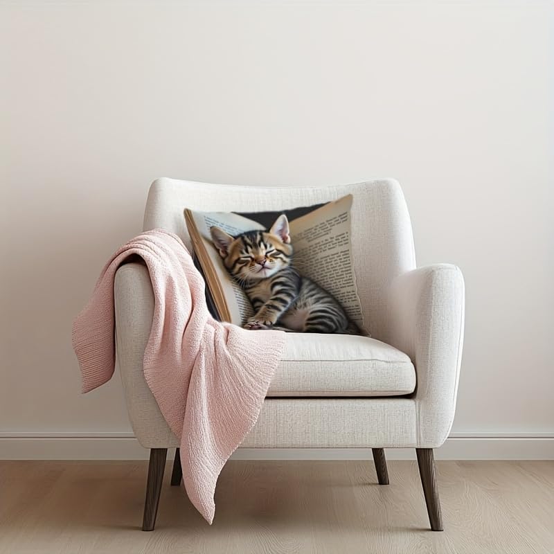avpdupu Cat Pillow Cover 18x18 Inch Square Linen - Cute Animal Pillow Cover with Adorable Cat Design, Soft Decorative Thro...