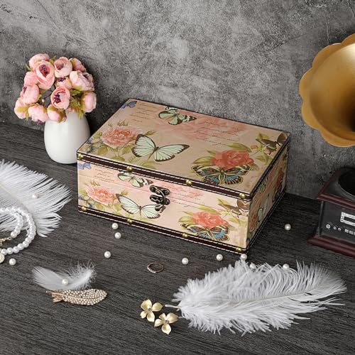 ELLDOO Butterfly Treasure Chest Box, Wooden + PU Leather Storage Decorative Box for Jewelry Trinkets Photos, Rectangular K...