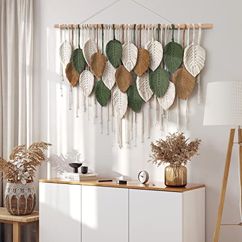 KHOYIME Large Macrame Wall Hanging Boho Woven Tapestry, Chic Home Decor Modern Bohemian Handmade Leaf Feather Wall Art Dec...