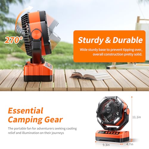 Camping LED Fan with Light, 40000Max Rechargeable Battery Powered Outdoor Tent Fan with Light and Hook, 4 Speed, Personal ...