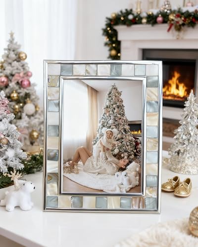 GIFTME 5 Silver Plate Picture Frame 8x10 Mother of Pearl Wall Frame 8by10 Wedding Photo Frame Mosaic Glass Tabletop Pictur...