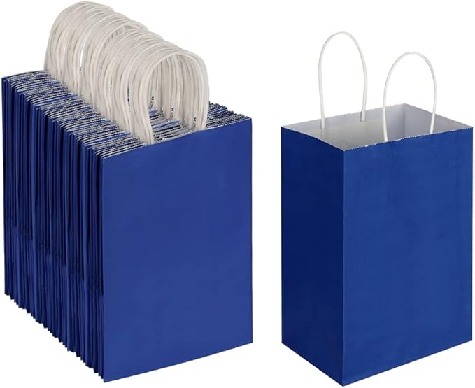 Oikss 100 Pack 5.25x3.25x8.25 Inch Small Royal Blue Kraft Paper Bags with Handles Bulk for Birthday Wedding Party Favors G...