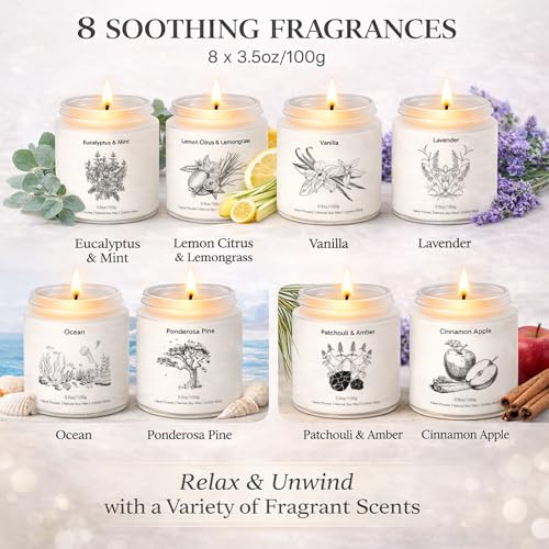 Scented Candles for Home, 8 Pack Soy Wax Gift Set for Women, Aromatherapy Candles, Lavender, Vanilla, Eucalyptus Mint, Ocean