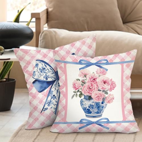 Fjfz Pink Rose Flower Bow Decorative Throw Pillow Covers 18 x 18 Set of 2, Chinoiserie Blue and White Porcelain Floral Coq...