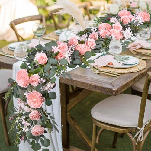DearHouse 2Pcs Artificial Peony Flower Garland and - Silk Peony Garland with Flowers and Eucalyptus for Wedding Party Tabl...