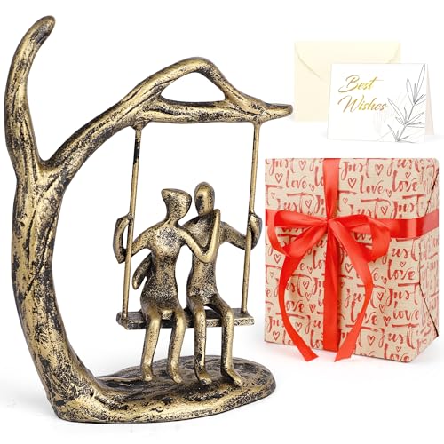 Kresecioo Anniversary Wedding Gifts for Couple/Her - Romantic Couple Statue in Love, Antique Gold Metal Figurine Sweet Lov...