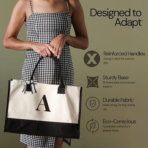 Salt Earth Personalized Initial Canvas Tote Bag for Women, Large Cotton Monogram Beach Grocery Reusable Work Travel Tote
