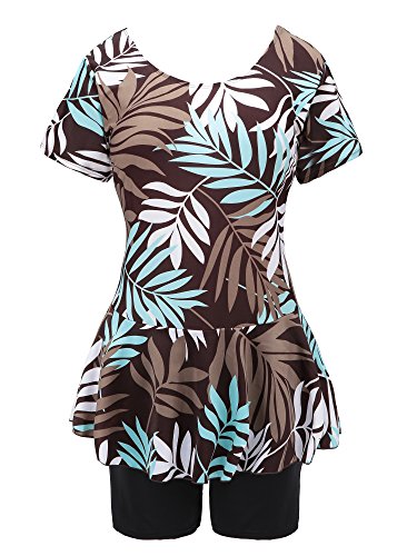 Knaspor Women's One Piece Swim Dress Modest Swimsuit Floral Leaf Print Short Sleeve Swimwear