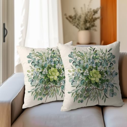Trongr Spring Pillow Covers 18x18 Set of 2 Green Floral Throw Pillow Covers Rustic Pillowcase Linen Decoration Farmhouse S...