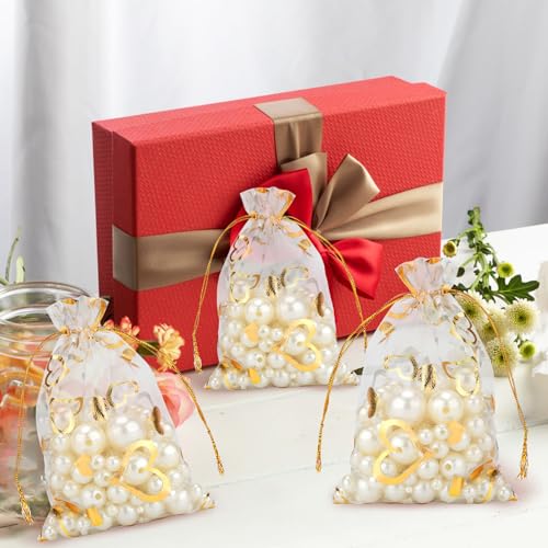 G2PLUS Valentines Gift Bags Organza 4x6in - 50Pcs Heart Organza Bags, Drawstring Sheer Mesh Jewelry Pouches Candy Bag for ...