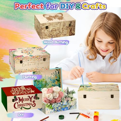 HIPNOOK Large Unfinished Wooden Boxes Set of 2 Sizes Wood Box with Hinged Lid – Large Wooden Boxes– Keepsake Memory Boxs- ...