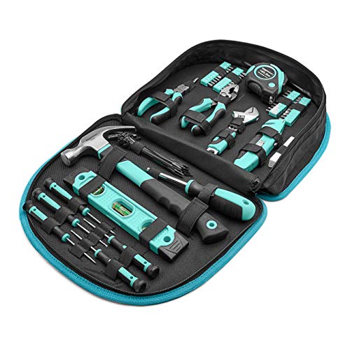 Amazon Basics 104-Piece Home Repair Household Tool Set with Easy Carrying Round Pouch, Portable Hand Tool Kit, Turquoise, ...