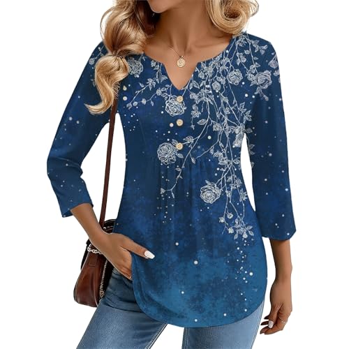 YABTF Womens Boho Floral Tunic Tops V Neck Button 3/4 Sleeve T Shirts for Women Casual Drssy Spring Summer Graphic Blouses
