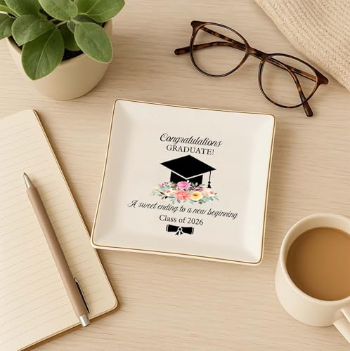 Graduation Gift for Her 2026 – Cap & Flowers Graduate 4" Ceramic Jewelry Dish – Class of 2026 Gift for Daughter, Sister, F...