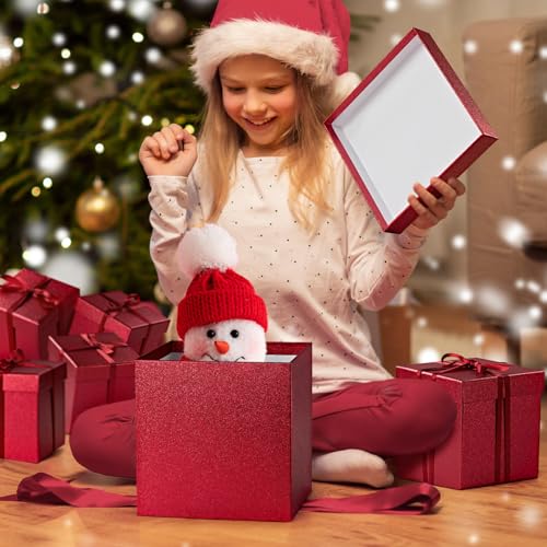 UNIQOOO 5Pcs Red Glitter Xmas Gift Box Set with Lid, Assorted Size, Square Nested Wedding Keepsake Boxes, Holiday Paper Bo...