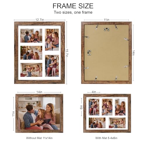 Hongkee 11x14 Picture Frame Set of 2, Rustic Brown Wood Frame with Real Glass Collage Picture Frames, Display Pictures Fiv...