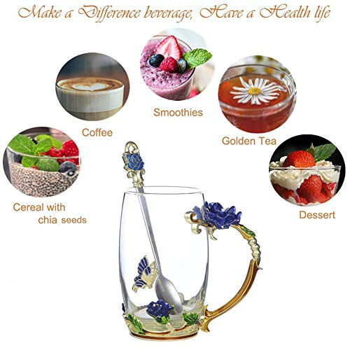 Gifts for Mom Women Unique Blue Tea Mug With Spoon Set & Flower Decoration - Top Birthday Christmas Gifts For Women Mom Wh...