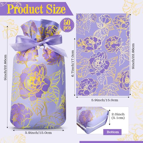 Pasimy 50 Pcs Purple Rose Gift Bag with Drawstring Purple Flowers Party Favor Bags Floral Plastic Candy Goodies Gift Packa...