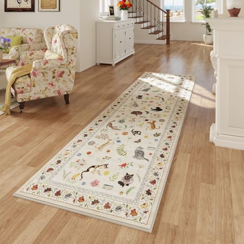Rugcomf Runner Rug for Kitchen Non Slip 2'6''x8' Washable Rugs with Rubber Backing Soft Floral Animal Cat Carpet Runner fo...