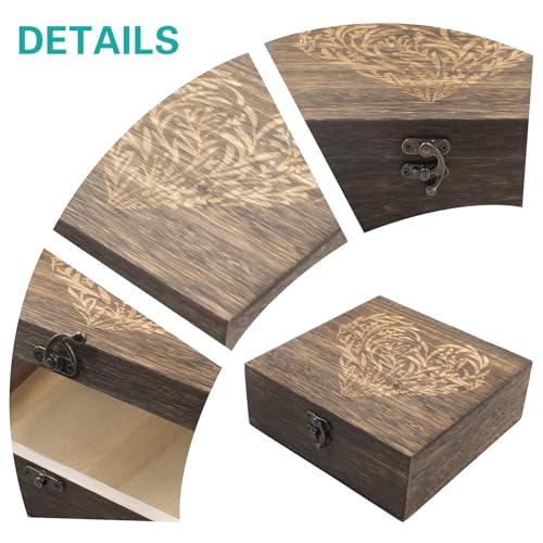 Hiyoo Wooden Memory Keepsake Box with Lid, Floral Heart Engraved Keepsake Box Decorative Storage Case For Photos Letter Ti...